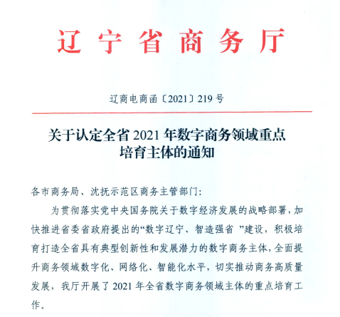 遼聯信息榮獲2021年遼寧省數字商務領軍企業